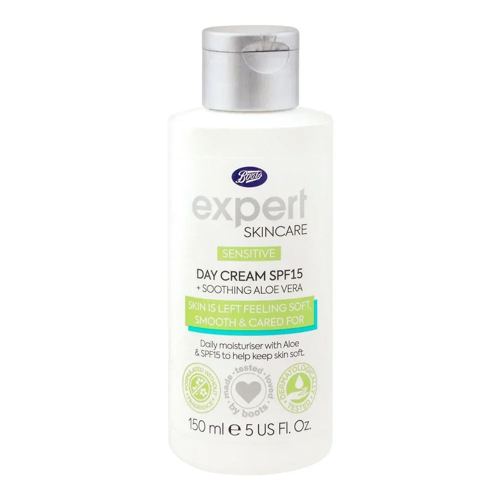 Boots Expert Skincare Day Cream SPF 15 + Soothing Aloe Vera, Sensitive, 150ml - The Beauty League Pakistan