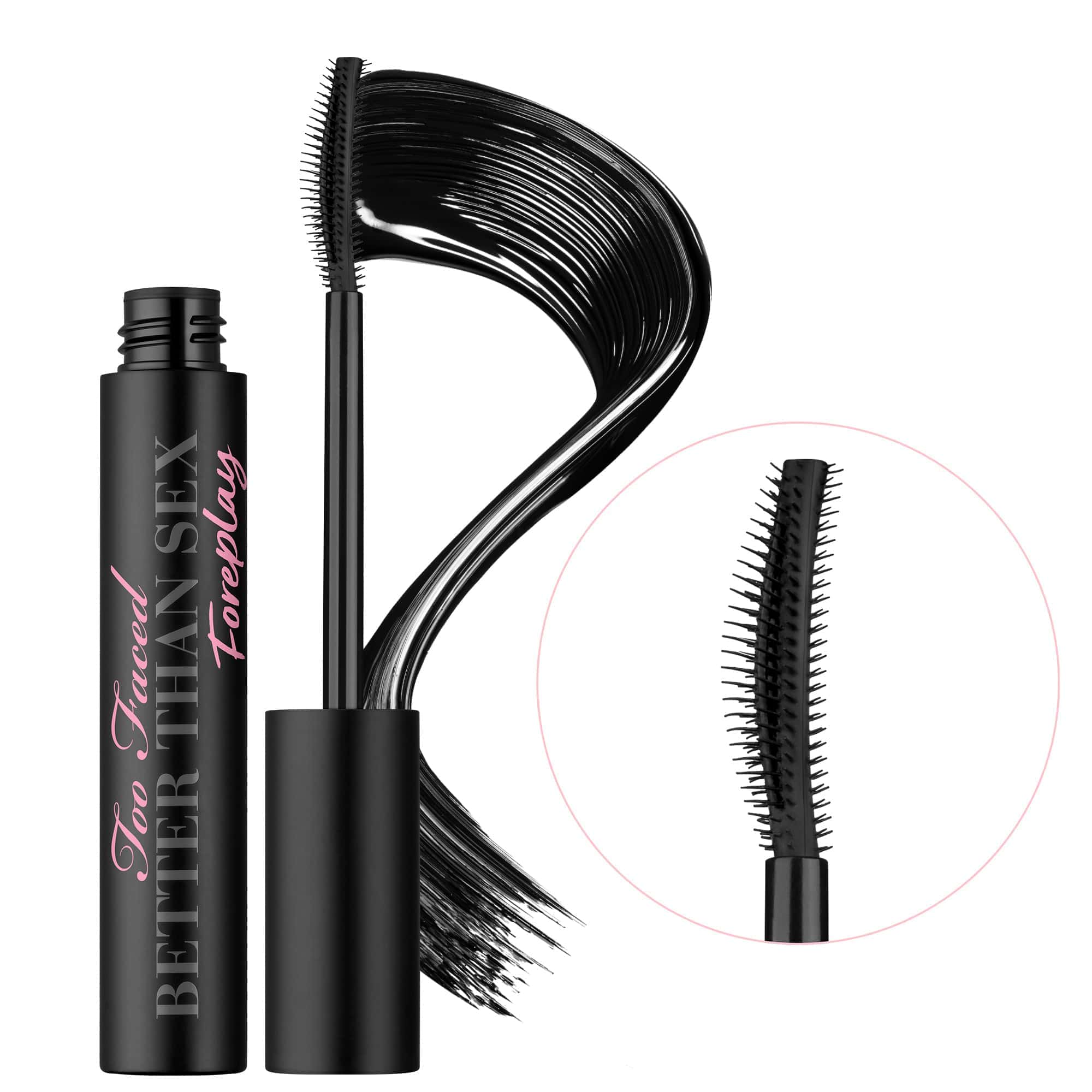A tube of Too Faced Better Than Sex Foreplay Mascara Primer with an applicator wand showing the product being applied to eyelashes, alongside a close-up view of the wand tip.