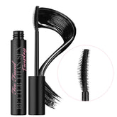 A tube of Too Faced Better Than Sex Foreplay Mascara Primer with an applicator wand showing the product being applied to eyelashes, alongside a close-up view of the wand tip.