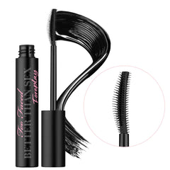 A tube of Too Faced Better Than Sex Foreplay Mascara Primer with an applicator wand showing the product being applied to eyelashes, alongside a close-up view of the wand tip.