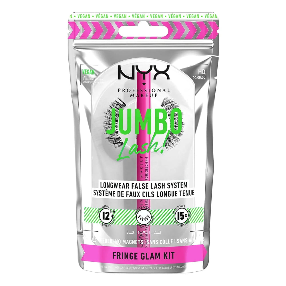 NYX-Jumbo Lash! Vegan False Eyelashes Kit with 2-in-1 Eyeliner Adhesive, Up to 12HR Wear, Reusable Fake Lashes - Fringe Glam Kit - The Beauty League Pakistan