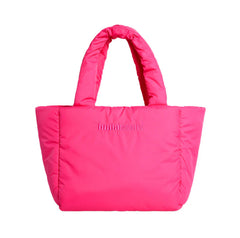 Pink tote bag with 'huda beauty' branding on a white background