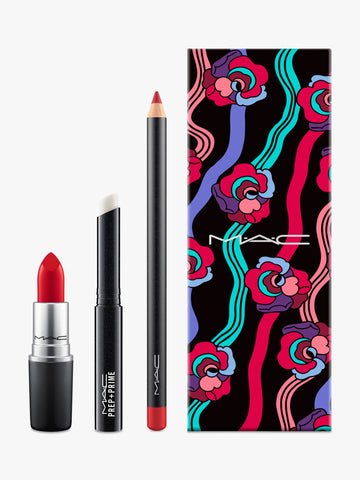 MAC Brave Red Kit - Lipstick (Brave Red) + Lip Pencil (Cherry) + Primer Kit - Colourless