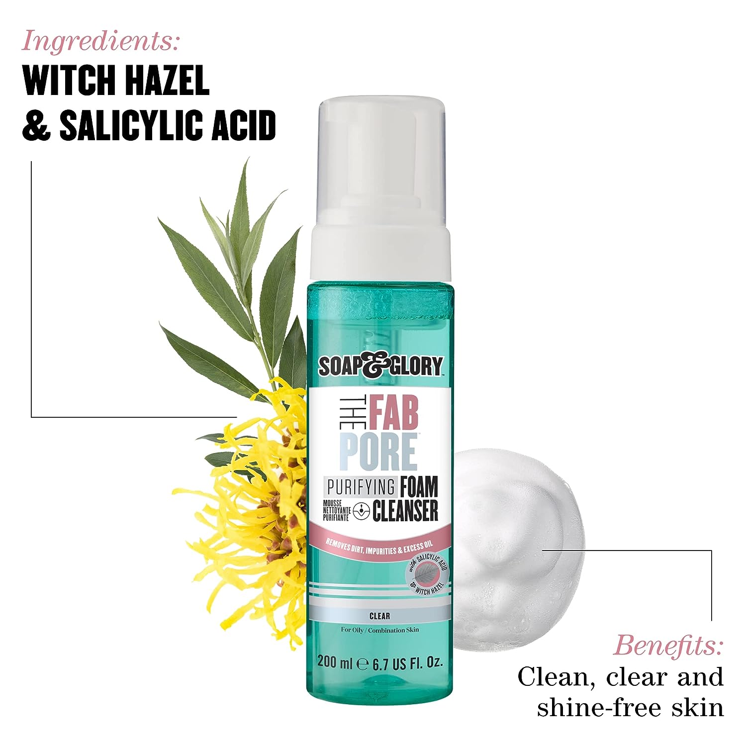 Soap & Glory The Fab Pore Purifying Foam Face Cleanser - Salicylic Acid & Witch Hazel Face Wash - Soft & Creamy Cleansing Foam for Oily Skin (200ml)