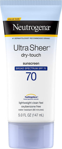 Neutrogena Ultra Sheer Dry-Touch Sunscreen Lotion, Broad Spectrum SPF 70 UVA/UVB Protection, Oxybenzone-Free, Light, Water Resistant, Non-Comedogenic & Non-Greasy 147ml