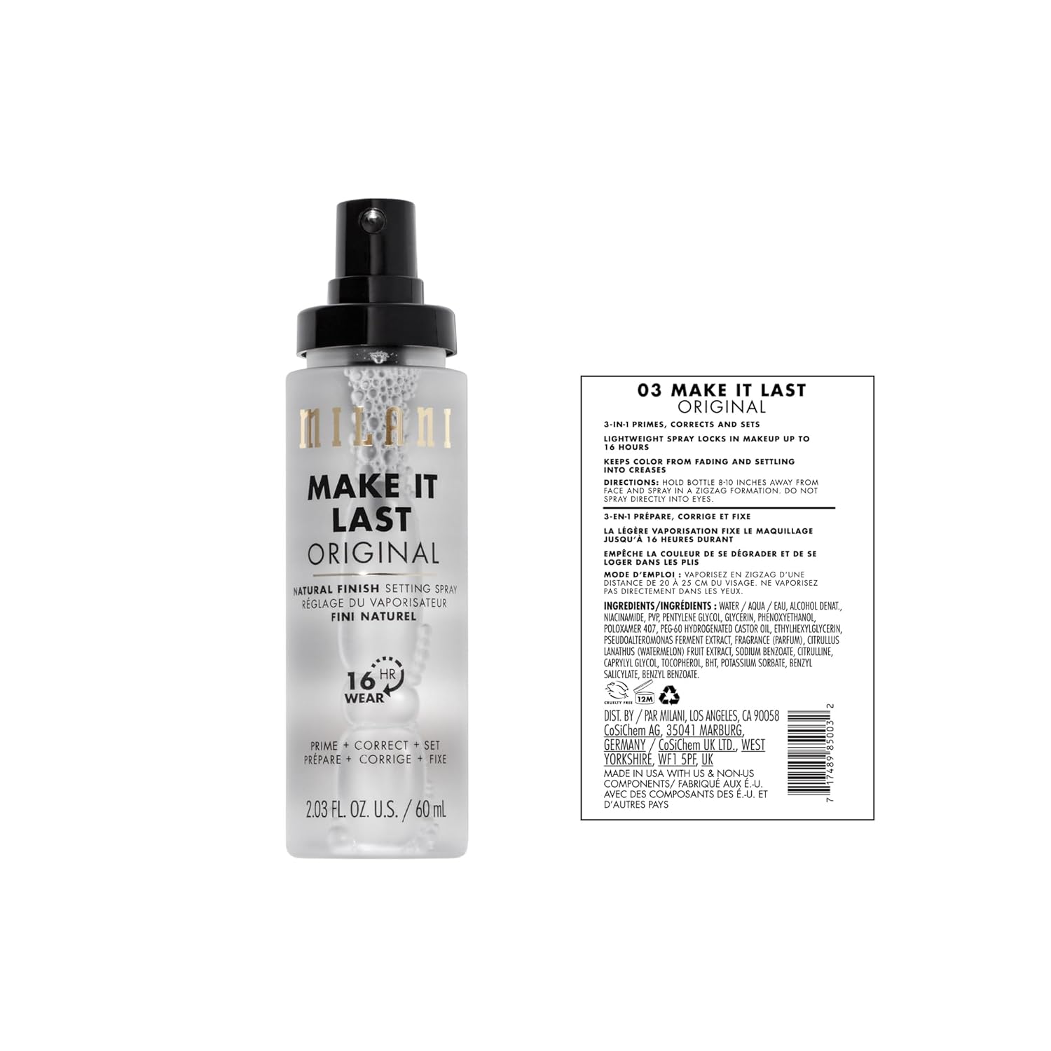 Milani Make It Last Setting Spray, Prime + Correct + Set, Natural Finish 60ml