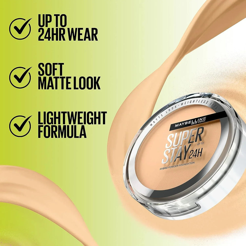 Maybelline Super Stay Up to 24HR Hybrid Powder-Foundation, Medium-to-Full Coverage Makeup, Matte Finish, 102, - The Beauty League Pakistan