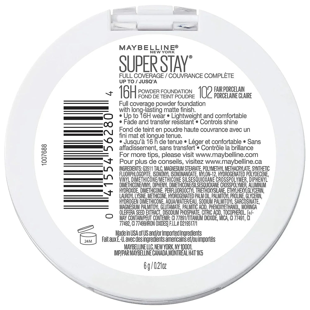 Maybelline Super Stay Full Coverage Powder Foundation Makeup, Up to 16 Hour Wear, Soft, Creamy Matte Foundation, 102 Fair Porcelain - The Beauty League Pakistan