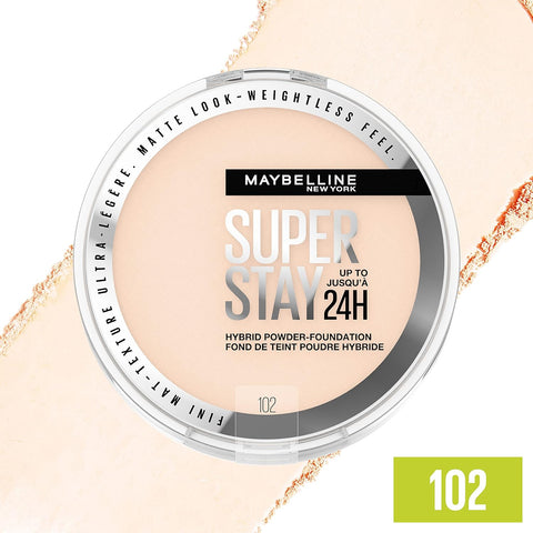 Maybelline Super Stay Up to 24HR Hybrid Powder-Foundation, Medium-to-Full Coverage Makeup, Matte Finish, 102,