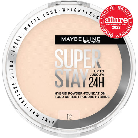 Maybelline Super Stay Up to 24HR Hybrid Powder-Foundation, Medium-to-Full Coverage Makeup, Matte Finish, 112,