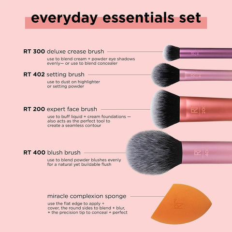 Real Techniques- Everyday Essentials Makeup Brush Set with Bonus Miracle Complexion Sponge
