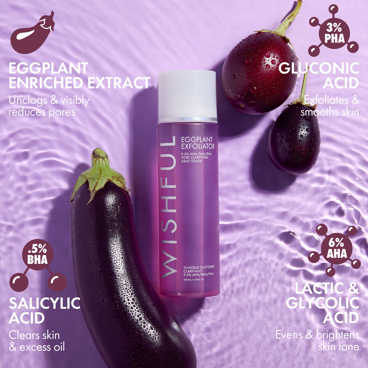 WISHFUL Eggplant Exfoliator: 9.5% AHA, BHA & PHA Pore Clarifying Daily Toner 60ml