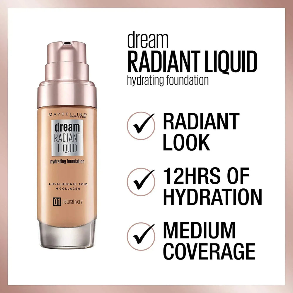 Maybelline- Dream Radiant Liquid Hydrating Foundation 04 Light Porcelain - The Beauty League Pakistan